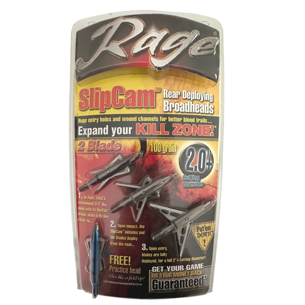Rage SlipCam 2 Blade Rear Deploying Broadheads 100 Grain 2.0" Cut 3 Pack + Prac